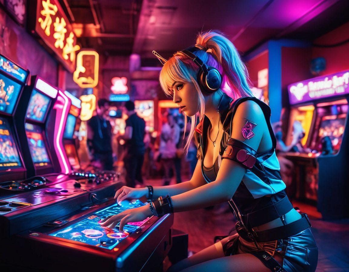 A dynamic scene featuring a diverse group of cosplayers dressed as popular anime characters, energetically interacting with gaming consoles and controllers. In the background, vibrant neon lights represent a bustling gaming arcade, blending elements of anime and gaming culture. Include iconic gaming symbols like pixelated hearts and power-ups floating around. The atmosphere is energetic and colorful, showing the fusion of both worlds. vivid colors. cyberpunk style.