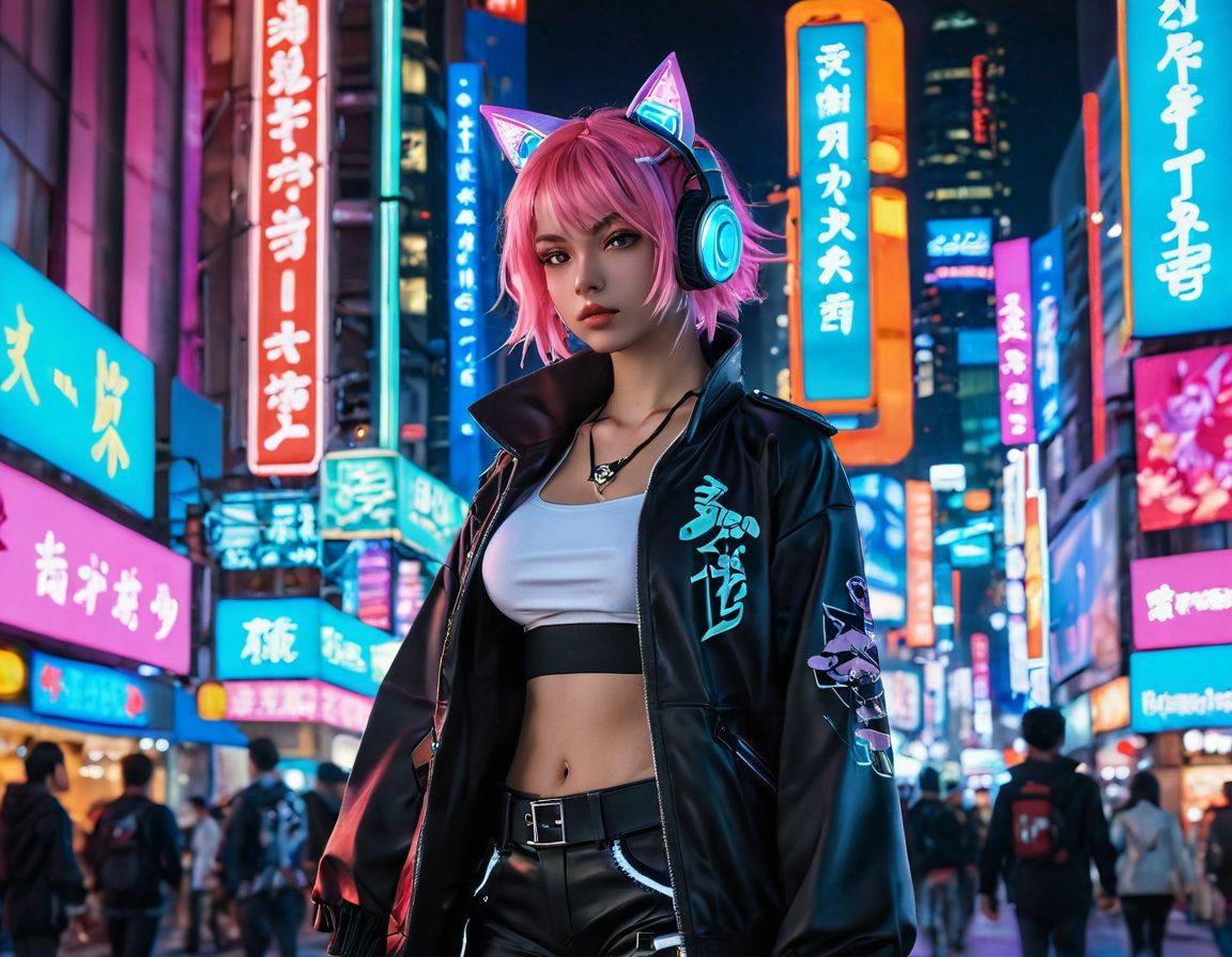 A dynamic scene blending iconic anime characters engaged in various gaming activities, set against a backdrop of vibrant cityscapes and traditional Japanese elements. Include glowing neon signs, handheld gaming devices, and fans cosplaying in colorful outfits, showcasing the fusion of anime culture and gaming. Emphasize energy and creativity with pastel and neon colors. super-realistic. vibrant colors. cyberpunk.