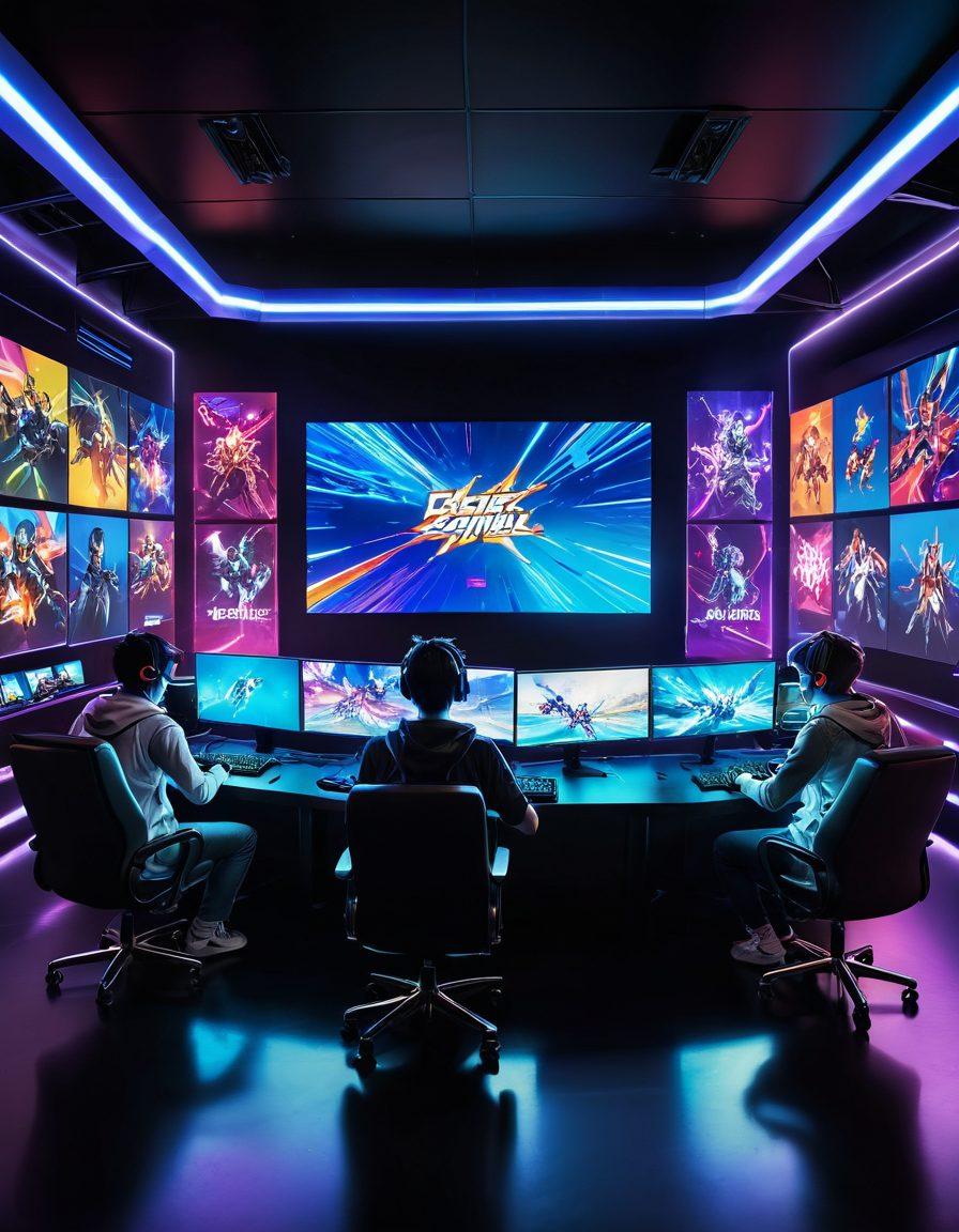 A vibrant scene depicting a diverse group of anime characters immersing themselves in an intense online multiplayer gaming competition. Include a futuristic gaming arena filled with colorful screens displaying esports matches, while subtle hints of popular anime elements can be integrated in the characters' attire. The background should reflect excitement and camaraderie among gamers, with glowing neon lights adding to the energy of the scene. dynamic perspective. comic book style. vibrant colors.